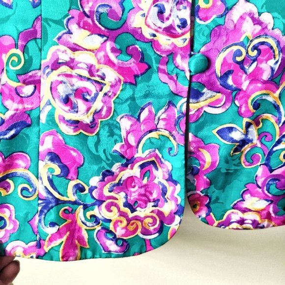 Vintage Adrianna Papell Silk Bright Floral Print Blazer Jacket Size 16 - Picture 7 of 10